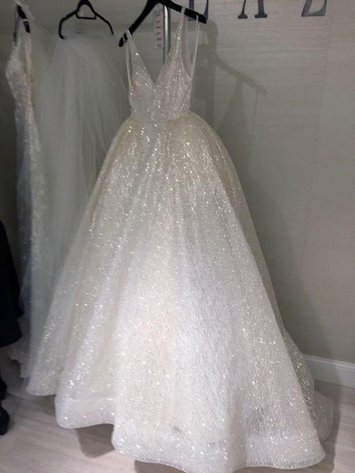 Ivory Prom Dresses V-neck A-line Short Train Sparkly Beautiful Backless Prom Dress,MP572 | musebridals.com