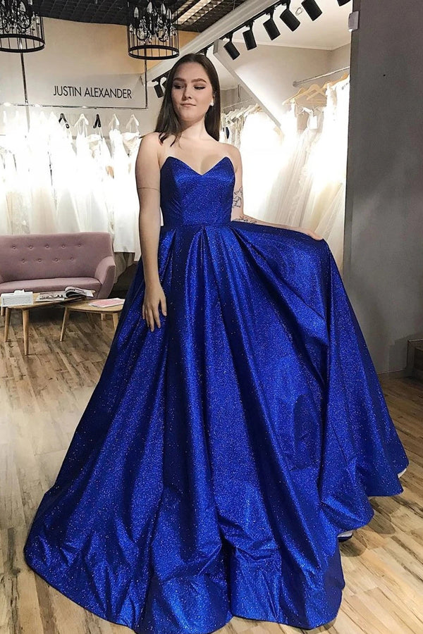 Sparkle Royal Blue Tulle Strapless V-neck A-Line Prom Dress with Pockets,MP574 Sparkle Royal Blue Tulle Strapless V-neck A-Line Prom Dress with Pockets,MP574