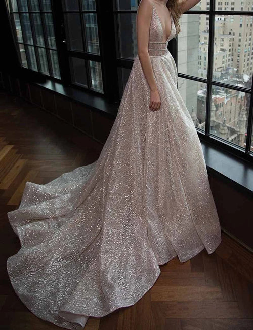 Simple Prom Dresses V-neck Silver Organza Long Prom Dress/Evening  Dress,MP577