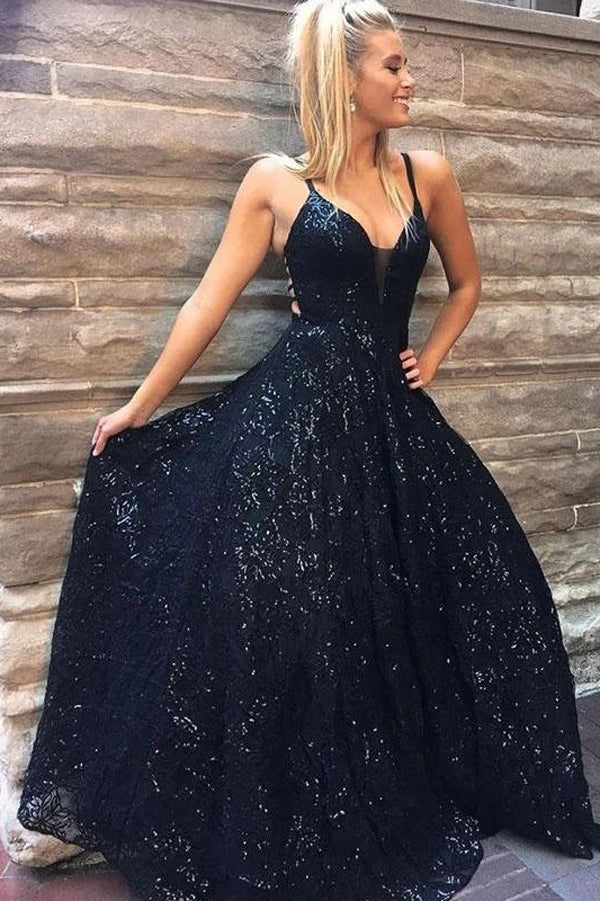 Spaghetti Straps A-line Dark Navy Lace Prom Dress Sparkly Long Evening Musebridals Spaghetti Straps A-line Dark Navy Lace Prom Dress Sparkly Long Evening Musebridals