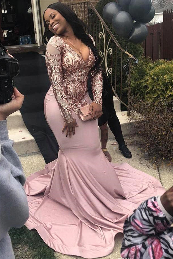 Popular Rose Pink Sequins Mermaid V-Neck Long Sleeves Prom Dresses with Court Train,MP581 Popular Rose Pink Sequins Mermaid V-Neck Long Sleeves Prom Dresses with Court Train,MP581