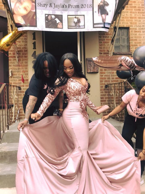 Popular Rose Pink Sequins Mermaid V-Neck Long Sleeves Prom Dresses with Court Train,MP581 | musebridals.com