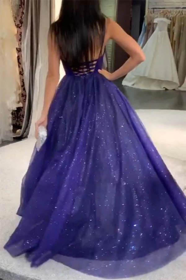 Spaghetti Straps A-Line V-neck Modest Tulle Sparkle Prom Dress,MP582 | musebridals.com