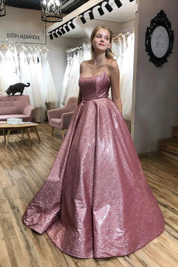 a line sweep train prom dress Simple Pink Satin A-line Sweep Train Off Shoulder Prom Dresses