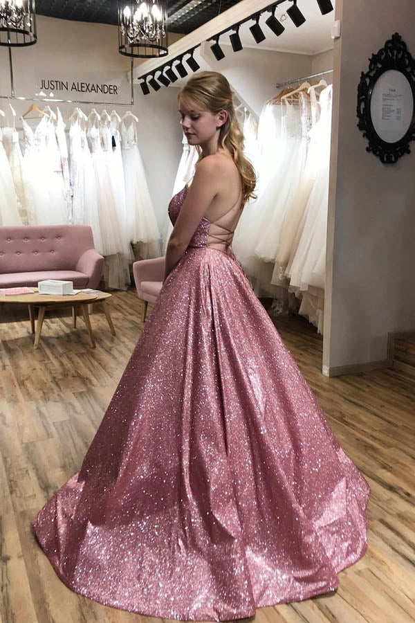 Sparkle  A-line Scoop Spaghetti Straps Sweep Train Prom Dress with Pockets,MP584 | musebridals.com