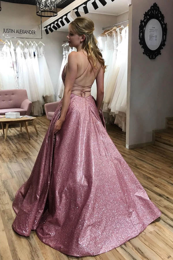 Sparkle  A-line Scoop Spaghetti Straps Sweep Train Prom Dress with Pockets,MP584