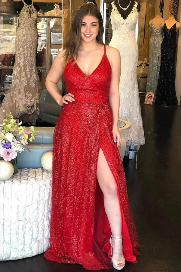 Sparkly V-neck Backless A-line Red Long Prom/Formal Dress With Split,MP586 | musebridals.com