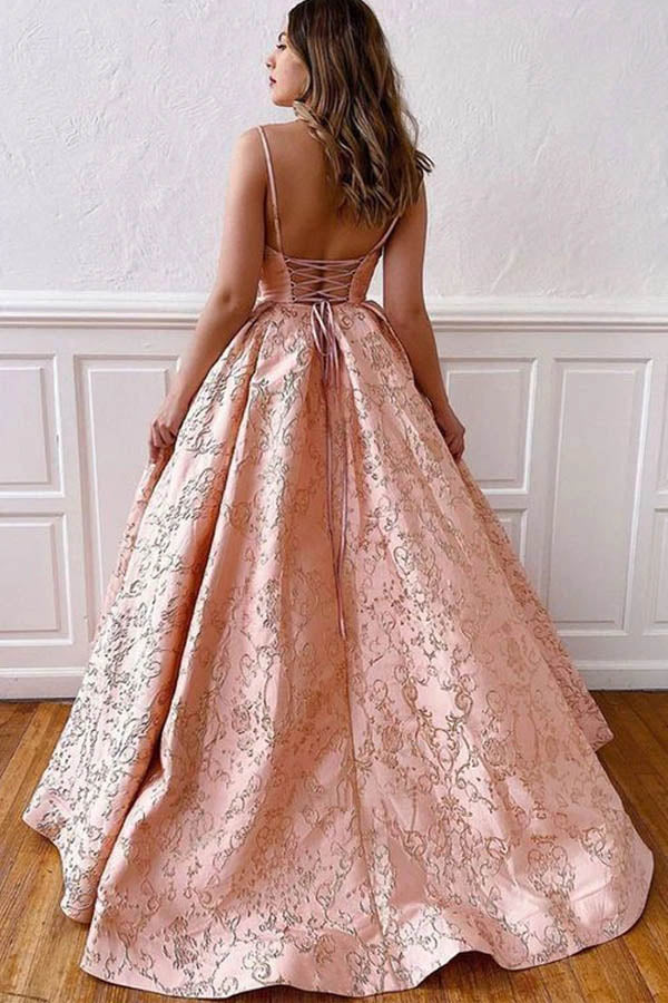 Satin Ball Gown V-neck Straps Cross Back Blush Pink Long Prom Dresses,MP587 | musebridals.com