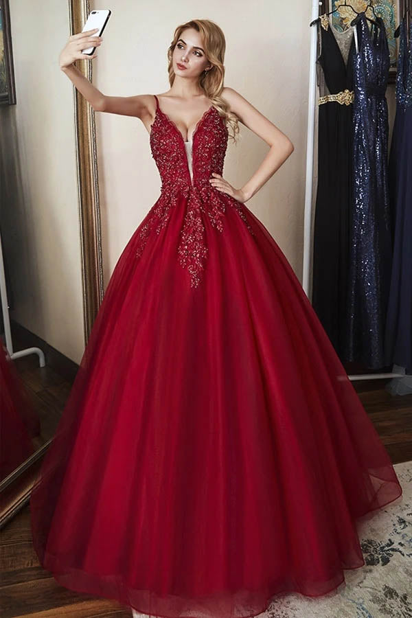 Elegant Tulle Straps Ball Gown Beaded Burgundy Long Prom Dress,MP588 Elegant Tulle Straps Ball Gown Beaded Burgundy Long Prom Dress,MP588