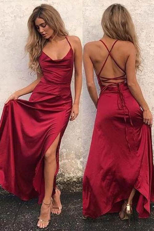 red silk dress prom Sain A-line Spaghetti Straps Floor-length Red Prom Dress With Slit,MP590