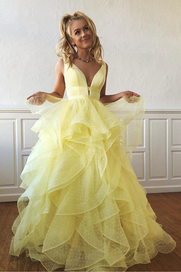 Tulle V-neck Yellow Prom Dresses A-line Long Party Dresses with Ruffles,MP592 Tulle V-neck Yellow Prom Dresses A-line Long Party Dresses with Ruffles,MP592