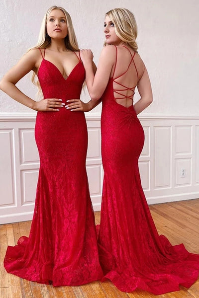 Elegant Mermaid V-neck Spaghetti Straps Red Lace Prom Dresses,Cross Back Evening Dresses,MP596