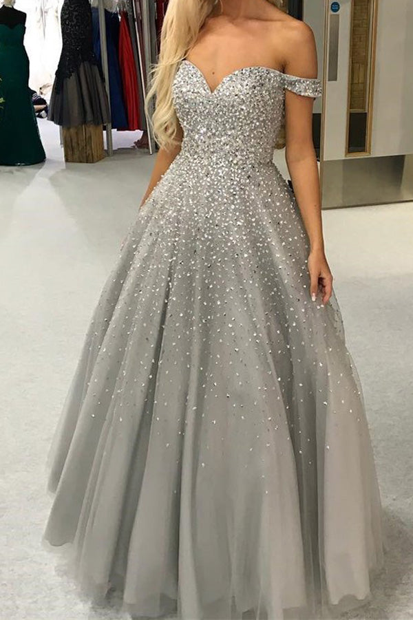Gorgeous Ball Gown Off the Shoulder Open Back Grey Long Prom Dresses with Beaded,Evening Dresses,MP597