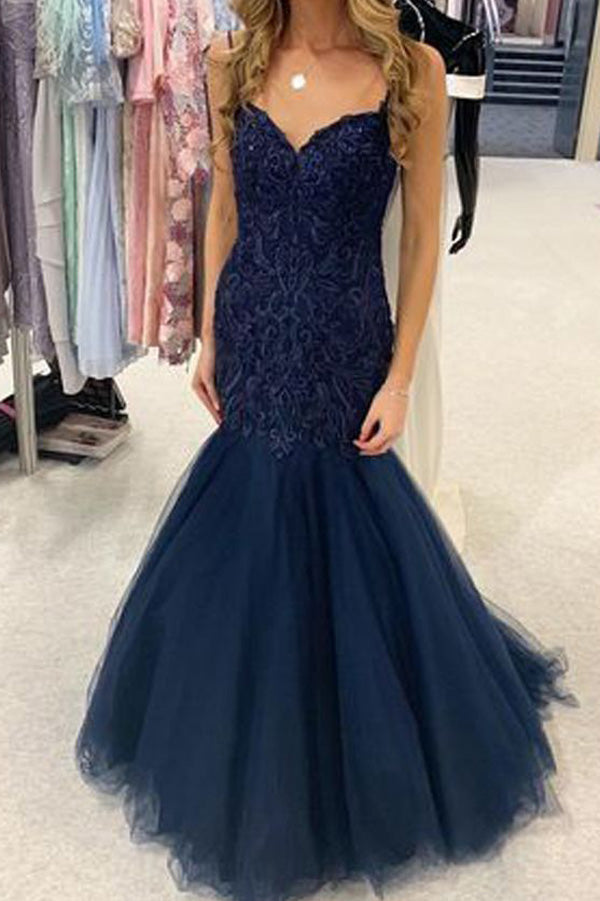 Charming Mermaid Sweetheart Navy Blue Long Prom Dresses with Lace,Evening Dresses,MP598