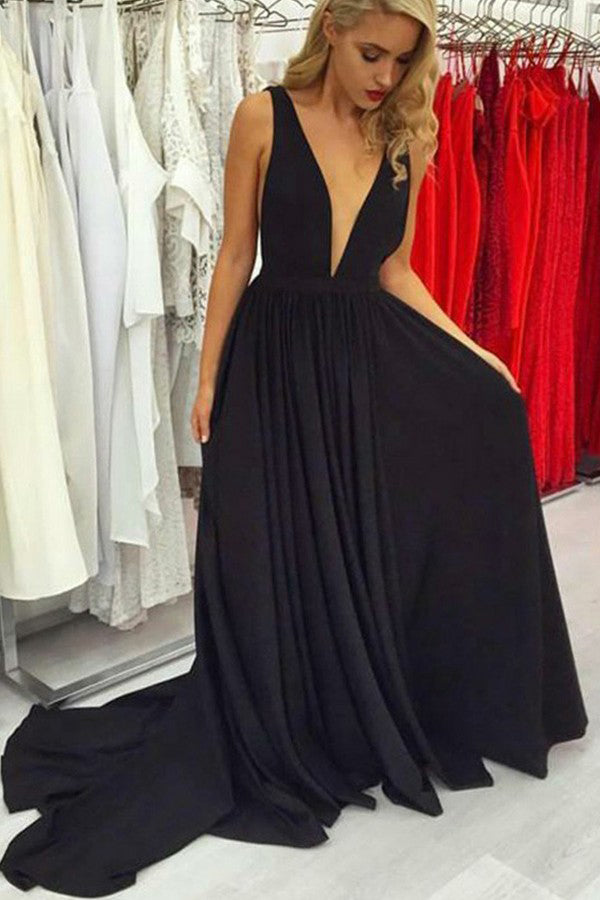 A-line Deep V-neck Open Back Black Satin Long Prom Dresses with Straps,Elegant Evening Dresses,MP601 A-line Deep V-neck Open Back Black Satin Long Prom Dresses with Straps,Elegant Evening Dresses,MP601