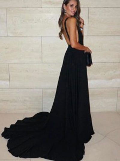 A-line Deep V-neck Open Back Black Satin Long Prom Dresses with Straps Musebridals A-line Deep V-neck Open Back Black Satin Long Prom Dresses with Straps Musebridals