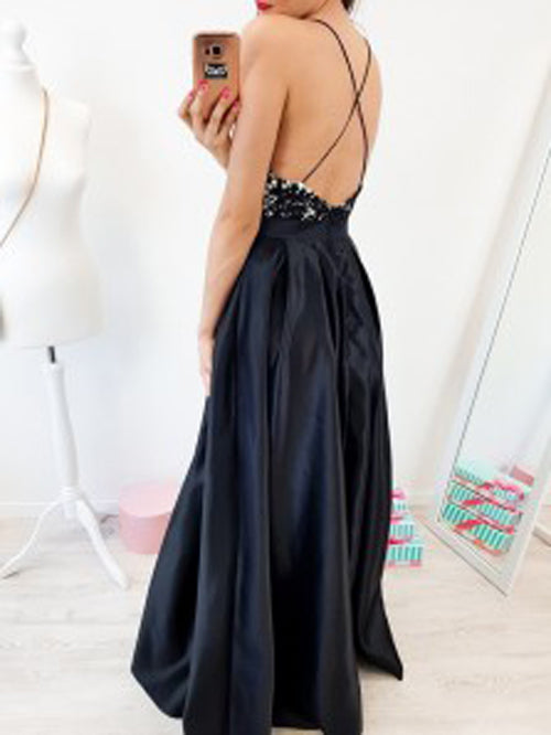 Cute V-neck Spaghetti Straps Cross Back Black Long Prom Dresses with Lace,Party Dresses,MP602