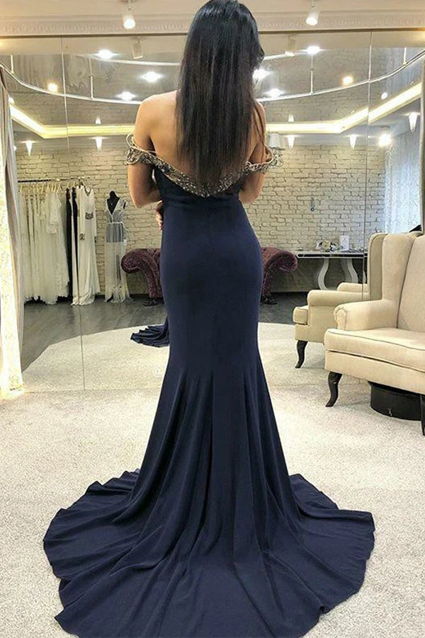 Mermaid Navy Blue Long Prom Evening Dresses Appliques Off the