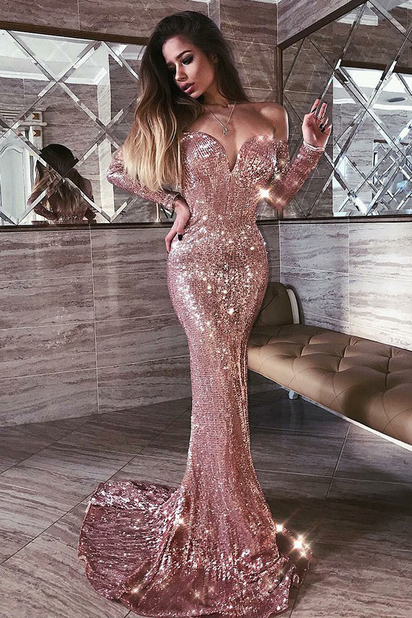 Mermaid Off the Shoulder Long Sleeves Blush Sequins Long Prom Dresses,Simple Evening Dresses,MP615 Mermaid Off the Shoulder Long Sleeves Blush Sequins Long Prom Dresses,Simple Evening Dresses,MP615