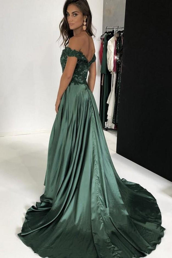 Elegant A-line Off the Shoulder Slit Dark Green Satin Prom Dresses wit Musebridals Elegant A-line Off the Shoulder Slit Dark Green Satin Prom Dresses wit Musebridals