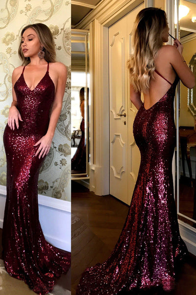 Sequins Spaghetti Straps V-neck Burgundy Mermaid Prom Dresses,MP623