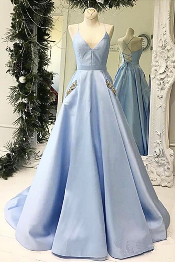 V-neck Light Blue A-line Satin Prom Dresses With Pockets, Cheap Prom Dresses V-neck Light Blue A-line Satin Prom Dresses With Pockets, Cheap Prom Dresses