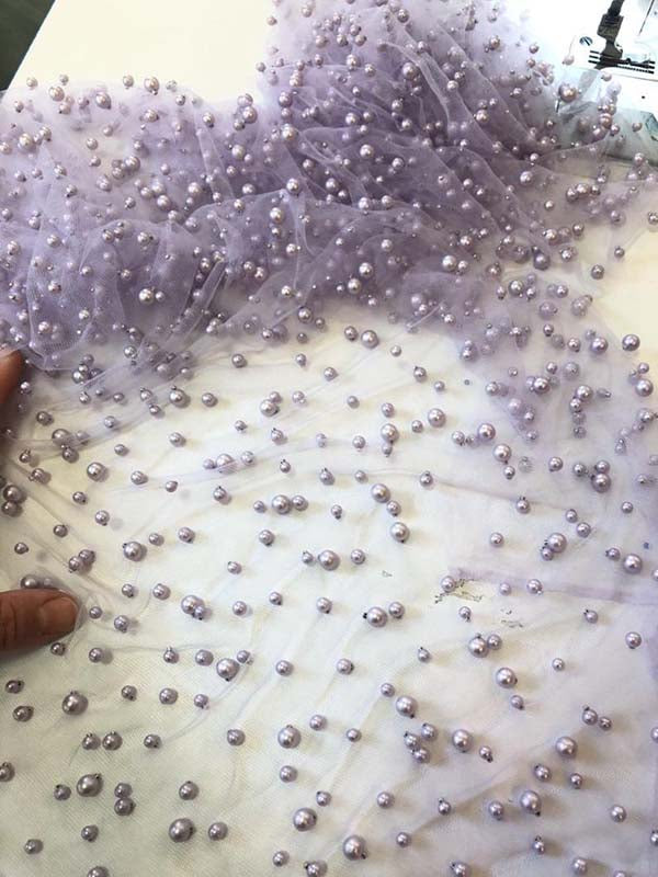 Lavender Modest Tulle Pearl Spaghetti Straps Long Prom Dress with Slit,MP626