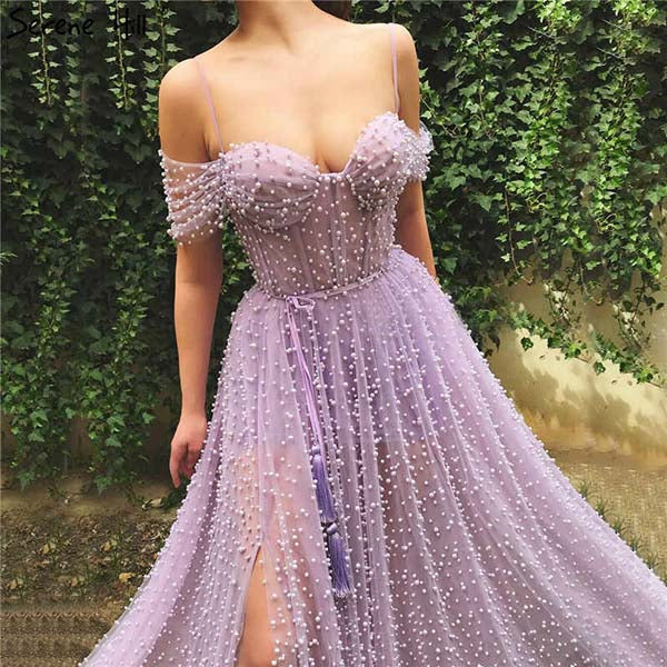 Find Lavender Modest Tulle Pearl Spaghetti Straps Long Prom Dress with Slit,MP626 at musebridals.com