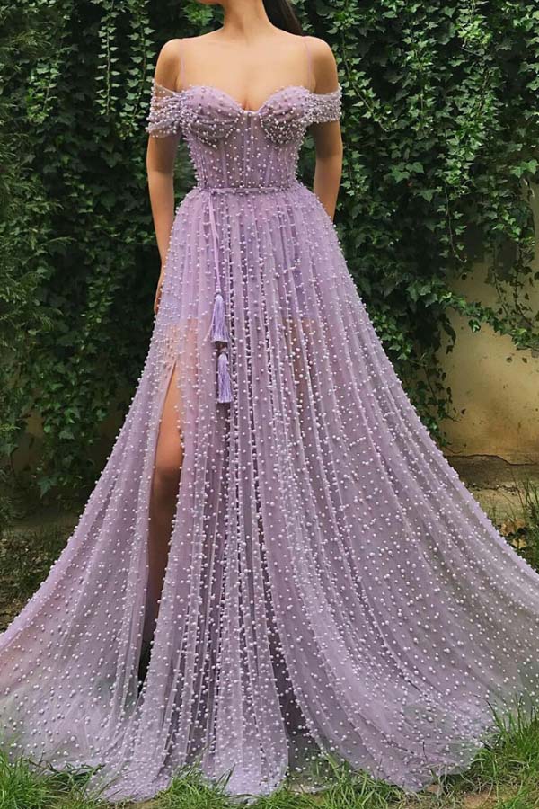 Lavender Modest Tulle Pearl Spaghetti Straps Long Prom Dress with Slit,MP626