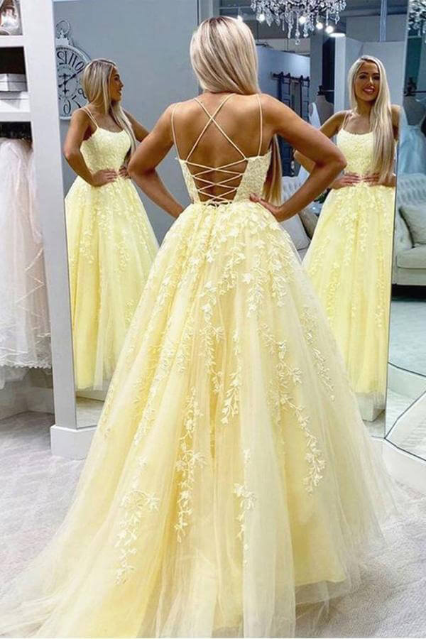 Yellow Tulle Spaghetti Straps A-Line Prom Dresses, MP628 | Musebridals Yellow Tulle Spaghetti Straps A-Line Prom Dresses, MP628 | Musebridals