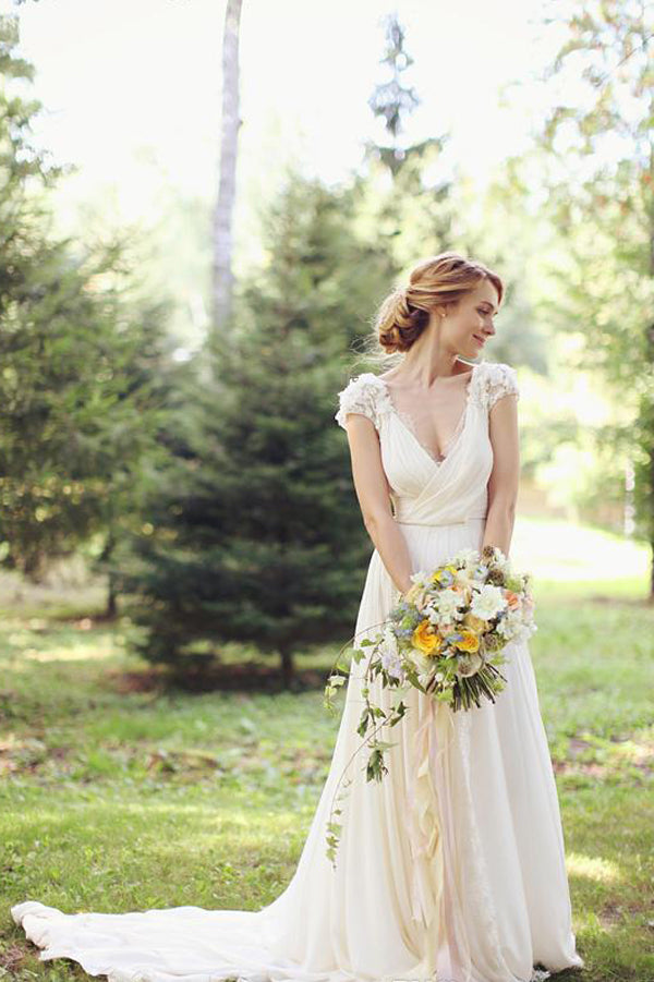 modern wedding dresses with short sleeves Modern Tulle Off-the-shoulder Short Sleeve Appliques Lace Wedding Dress With Button