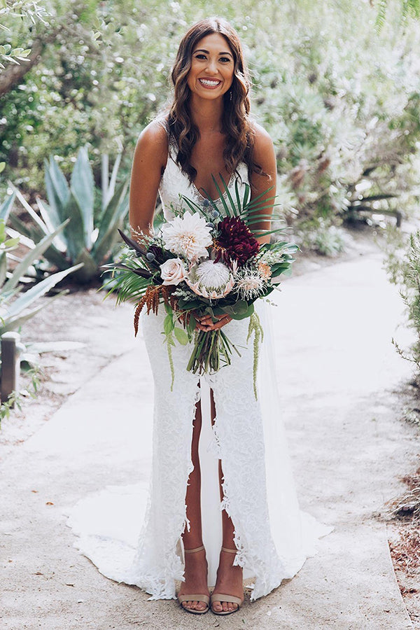 Gorgeous White Deep V-Neck Lace Mermaid Wedding Dress with Split, MW240 Gorgeous White Deep V-Neck Lace Mermaid Wedding Dress with Split, MW240