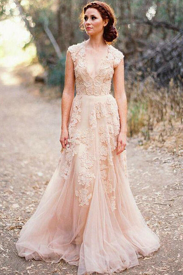 Gorgeous Tulle V-neck Sleeveless Floor-Length Lace Wedding Dresss with   Musebridals