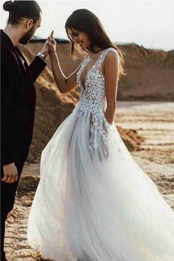 Sexy Tulle See-Through A-line V Neck Beach Wedding Dresses with Slit, MW261 Sexy Tulle See-Through A-line V Neck Beach Wedding Dresses with Slit, MW261