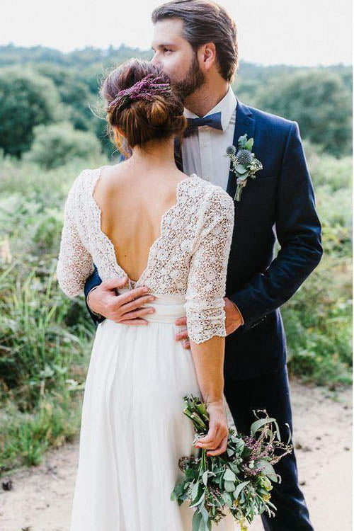 Elegant See Through 3/4 Sleeve Backless Lace and Chiffon Rustic Wedding Dress, MW262 Elegant See Through 3/4 Sleeve Backless Lace and Chiffon Rustic Wedding Dress, MW262