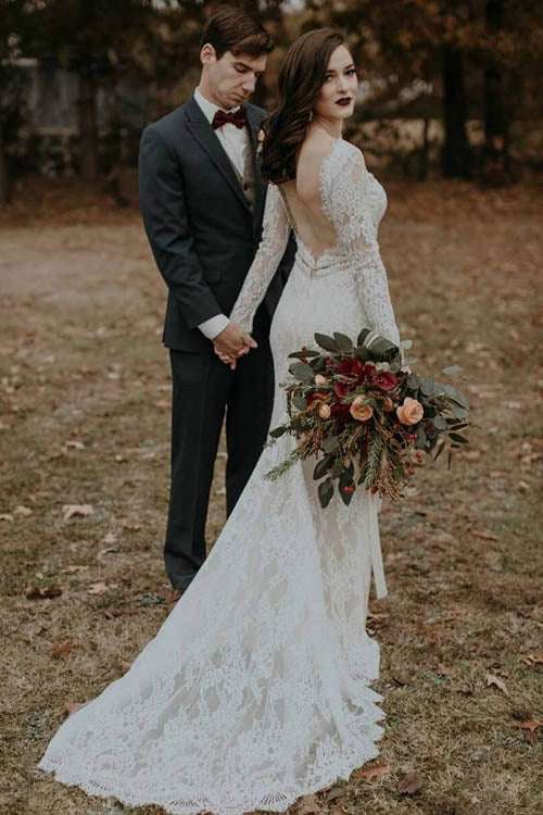 Elegant Vintage Ivory Backless Long Sleeve Rustic Lace Wedding Dresses, MW264 Elegant Vintage Ivory Backless Long Sleeve Rustic Lace Wedding Dresses, MW264