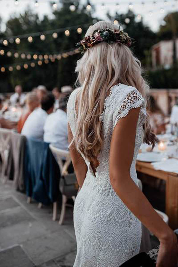 Lace Boho Mermaid Backless Cap Sleeve Bohemian Wedding Dresses
