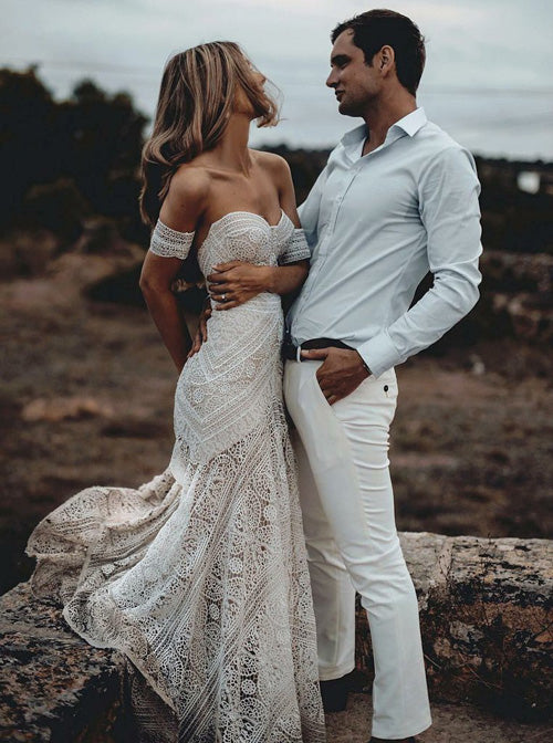 Sweetheart Neck Lace Beach Ivory Rustic Boho Wedding Dresses,MW267 –  Musebridals