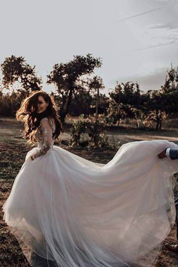 white christmas dresses Long Sleeve Boho See Through Wedding Dresses Lace Applique,MW268