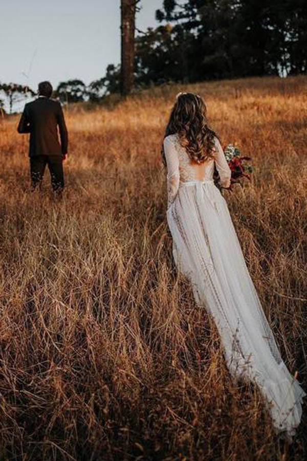 Lace Polka Dot Boho with Sleeves Bohemian Wedding Dress,MW274 at musebridals.com