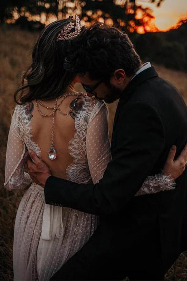 Musebridals.com offer Lace Polka Dot Boho with Sleeves Bohemian Wedding Dress,MW274