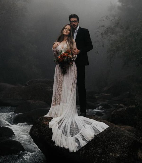 Lace Polka Dot Boho with Sleeves Bohemian Wedding Dress,MW274