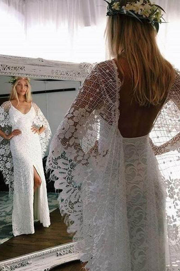 Sheath Boho Batwing Sleeve Lace Rustic Ivory Wedding Dresses ,MW276 Sheath Boho Batwing Sleeve Lace Rustic Ivory Wedding Dresses ,MW276