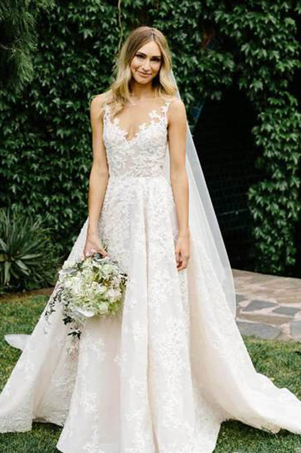 See Through Vintage Lace Illusion Neck Wedding Gowns,MW278 – Musebridals