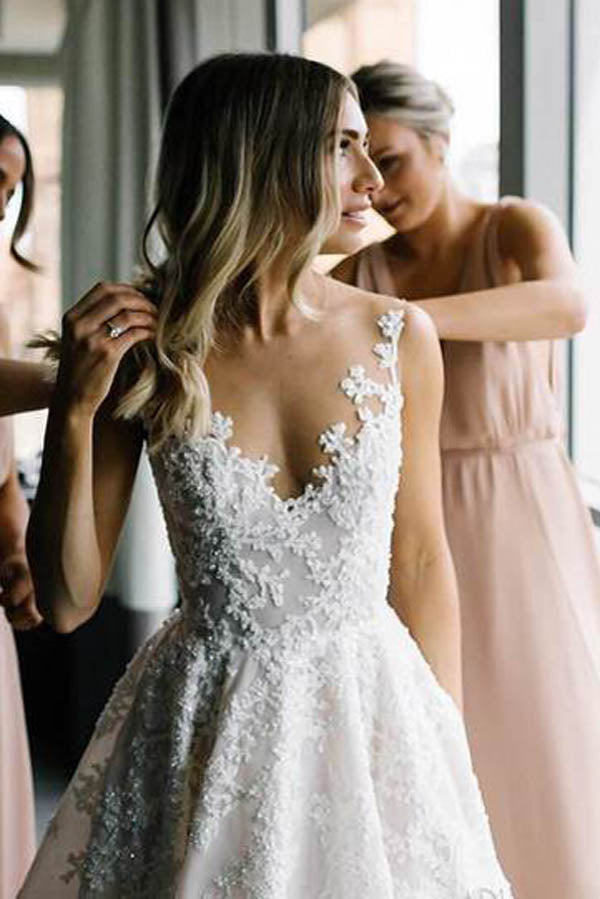 white lace illusion dress A Line Illusion V Neck Lace Appliques Boho Wedding Dress with Slit Bridal Gown QW2307 US16 / Custom Color