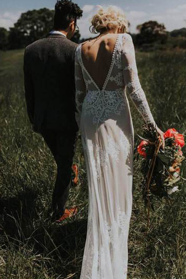 Sheath Backless Lace Long Sleeve Ivory Applique Country Wedding Dress,MW280