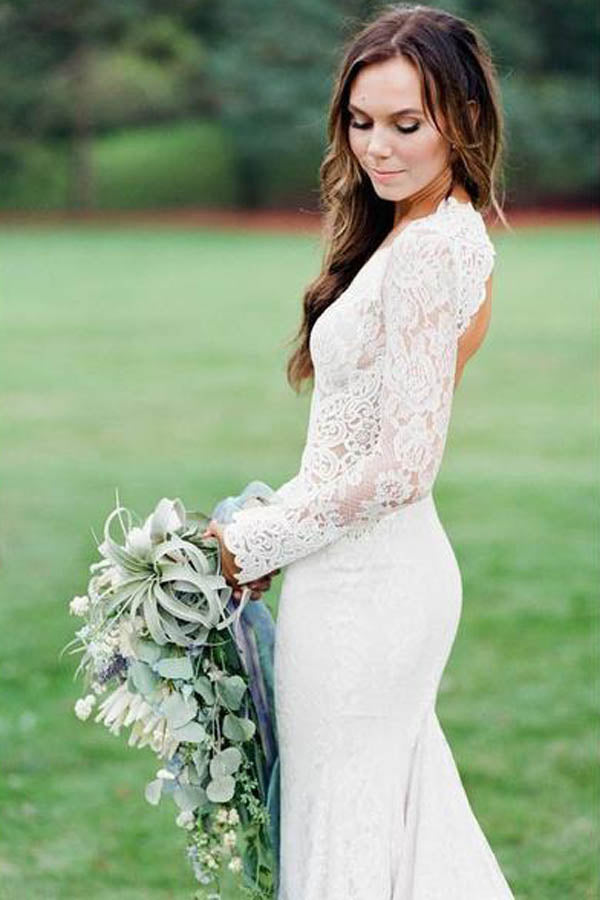Mermaid Ivory Backless Long Sleeve Lace Wedding Dresses ,MW283