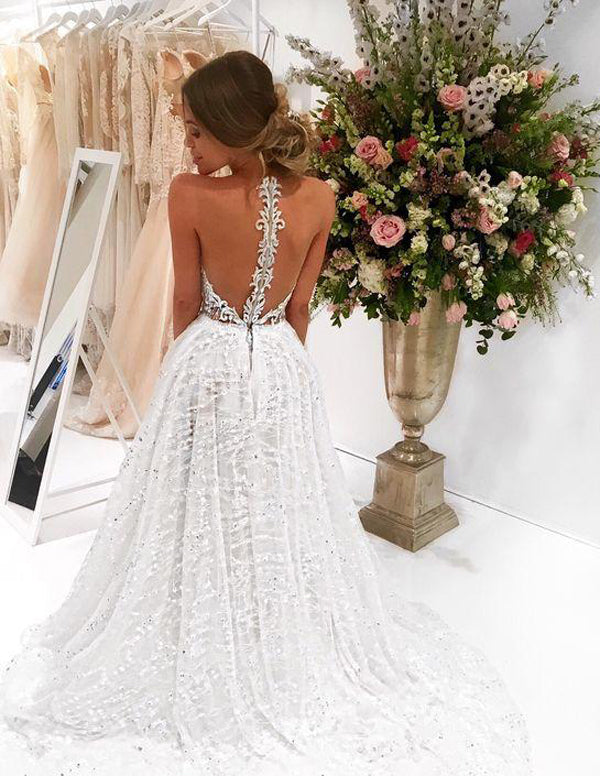Chic Sparkly Bateau A-line Sexy Long Lace Wedding Dress Sweep Train, MW285 Musebridals Chic Sparkly Bateau A-line Sexy Long Lace Wedding Dress Sweep Train, MW285 Musebridals
