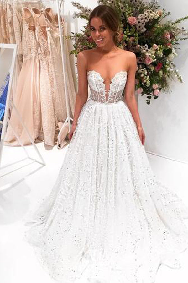 Chic Sparkly Bateau A-line Sexy Long Lace Wedding Dress Sweep Train, MW285 Chic Sparkly Bateau A-line Sexy Long Lace Wedding Dress Sweep Train, MW285