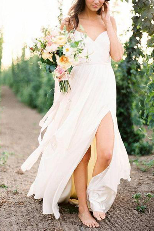 Simple Spaghetti Strap Summer Cheap Wedding Dresses with Slit, MW286 Simple Spaghetti Strap Summer Cheap Wedding Dresses with Slit, MW286